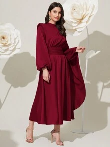 Modelyn 勃艮第红色女士纯色立领短袖阿拉伯朴素长袖连衣裙长款晚礼服 - 酒紅色 - 查看 4