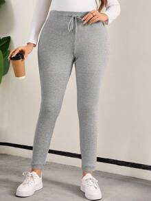 SHEIN LUNE 大尺碼純色橡筋腰束口褲 - 灰色 - 查看 4