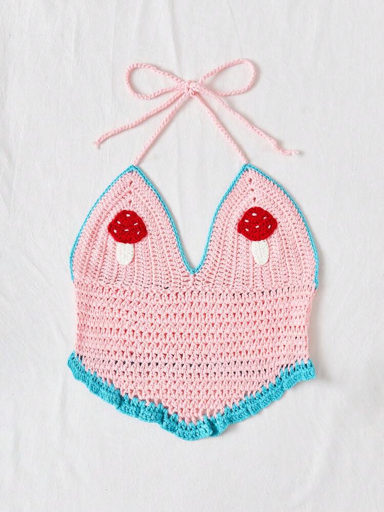 Women's Color Block Mushroom Pattern Halter Knitted Sweater