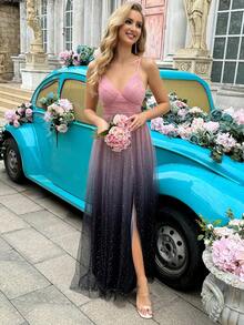 QOQ 优雅女神闪亮渐变色亮片网眼开衩吊带礼服连衣裙