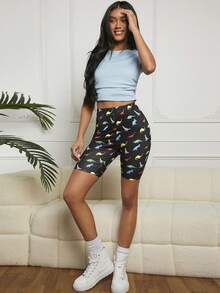 SHEIN EZwear 女款針織恐龍印花休閒短褲/褲襪,適用於日常穿著 - 彩色 - 查看 5
