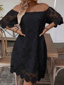 SHEIN Clasi Plus Size Solid Color Lace Off Shoulder Dress For Summer - Black - View 3