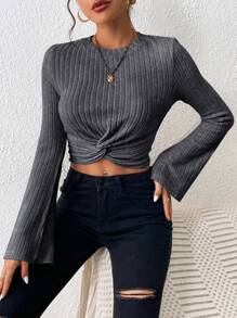 SHEIN Frenchy Twist Front Trumpet Sleeve Crop Tee - Black - View 6