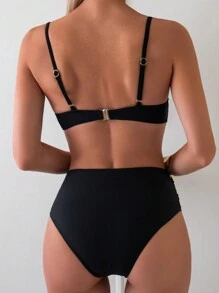 SHEIN Swim 女士交叉背心設計比基尼套裝 - 黑色 - 查看 2