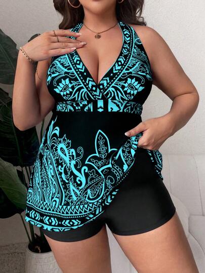 Swim Lushoire Summer Beach Plus Size Women's Plant Printed Sleeveless Swimsuit, Bathing Suit Beach Outfit Vacay Vibe