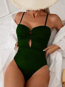 SHEIN Swim Summer Beach Ladies' Hollow Out Solid Color One-Piece Swimsuit With Spaghetti Straps