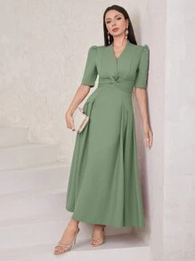 Modelyn Vestido largo de noche para mujer de unicolor con mangas de globo y detalle de nudo - verde menta - Ver 5