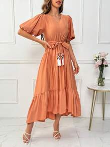 Mulvari Vestido De Mujeres Con Cuello En V, Mangas Cortas Abullonadas Y Cinturón Adornado Con Flecos - Naranja - Ver 4