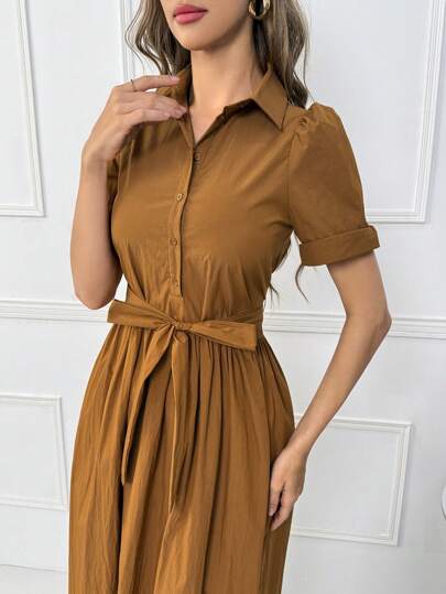 Seusyu Vestido Camisero De Manga Corta De Color Sólido Para Mujer