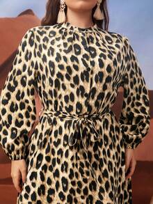 Modelyn 大尺碼女士豹紋長袖襯衫裙 - 卡其色 - 查看 5