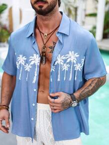 Manfinity RSRT Men's Plus Size Palm Tree Print Short Sleeve Shirt - Blue - View 4