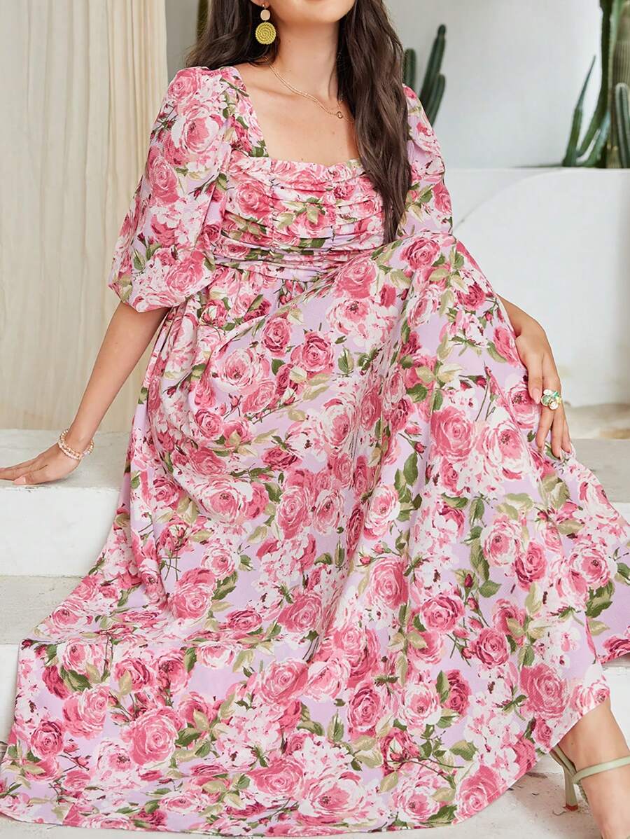 Mulvari In hoa Hình vuông Đường viền cổ áo Xếp li Đầm - Nhiều màu - Xem 1