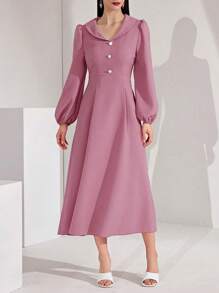 Modelyn Của phụ nữ Tay áo lồng đèn Nút Trang trí Đầm - Hồng - Xem 1