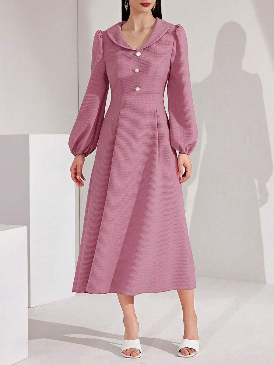 Modelyn Của phụ nữ Tay áo lồng đèn Nút Trang trí Đầm - Hồng - Xem 1