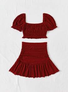 Soleia Của phụ nữ Mùa xuân/Mùa hè Giải trí Kỳ nghỉ Ống tay áo Nếp uốn Bộ đồ trên và váy - Màu Đỏ Sâu - Xem 3