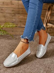 Teenagers' Round Toe Slip-On Flat Shoes With Low Vamp - Silver - View 1