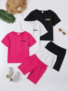 SHEIN Young Girl 3pcs/Set Letter Printed Short Sleeve Top And Shorts Casual Outfit In 3 Colors, Summer, School, Campus, College - Multicolor - View 4