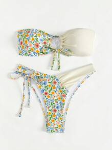 SHEIN Swim Women Bikini Sets Kolor Simpul Bunga Plants All Over Print - MultiWarna - View 5