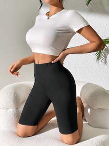 SHEIN PETITE High Waist Capri Length Leggings With Pockets - Black - View 4