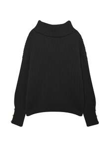 Women's Oversized Turtleneck Sweaters Dressy Casual Ribbed Knit Button Long Sleeve Pullover Sweater Tops - Black - View 2