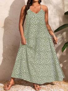 Breezaya Plus Size Women's Boho Daisy Print Spaghetti Strap Dress Maxi Dress For Summer - Green - View 6