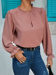 EURMUSE Women's Puff Sleeve Stand Collar Shirt - Dusty Pink - View 5