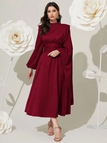 Modelyn 勃艮第红色女士纯色立领短袖阿拉伯朴素长袖连衣裙长款晚礼服 - 酒紅色 - 查看 3