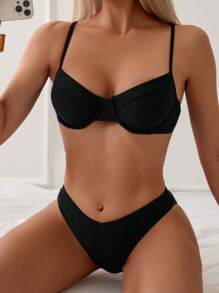 Swim Basics Bikini dây bện mảnh mùa hè đi biển - màu đen - Xem 5