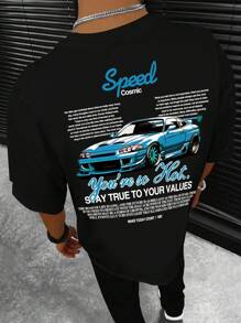 Men's Casual Round Neck Car Logo Printed T-Shirt, Suitable For Commuting