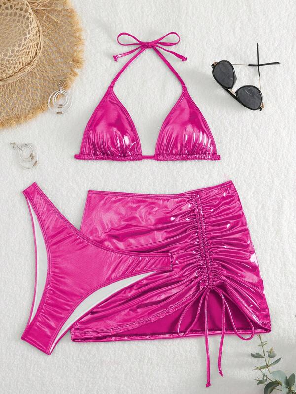 Swim EVENT Ladies' Solid Color Drawstring Ruched Halter Neck Bikini Set, Summer Beach