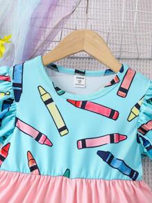 SHEIN Young Girl Flutter Sleeve Pencil Dress With Color Block And Print Summer Holiday - Multicolor - View 6