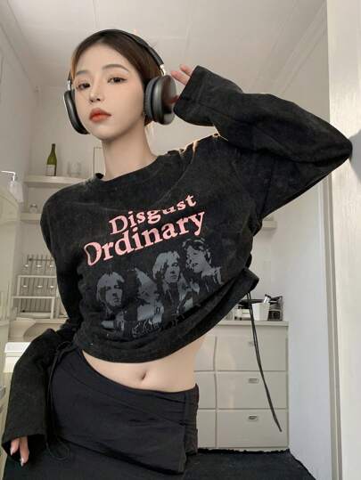 女士休閒長袖字母和字符印花短上衣，側邊束腰，春/夏季