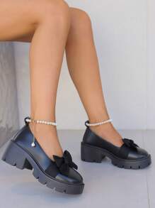 Zapatos de estilo Mary Jane para niñas con suela gruesa, llegada nueva de primavera, lazo con nudo y falso adorno de perla, mocasines de estilo dulce