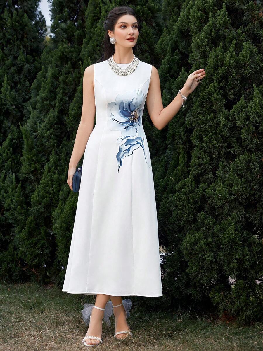 Modelyn 女士花卉印花連衣裙 - 白色 - 查看 1
