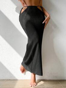 SHEIN Swim 女士纯色镂空腰带长款罩衫裙，适合度假、夏季海滩穿着 - 黑色 - 查看 3