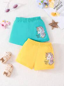 2入組寶寶女孩可愛獨角獸和動物印花短褲，夏季款 - 彩色 - 查看 1