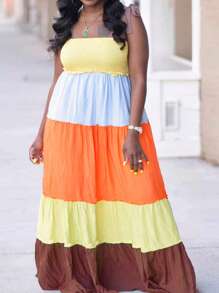 Slaydiva Plus Size Holiday Casual Colorblock A-Line Cami Strap Dress, Women Plus Size Loose Long Dress, Summer