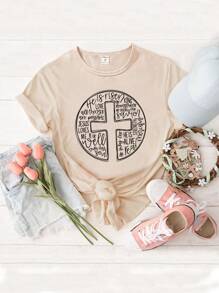 SHEIN Tween Girl Casual Letter & Cross Print Short Sleeve T-Shirt - Camel - View 1