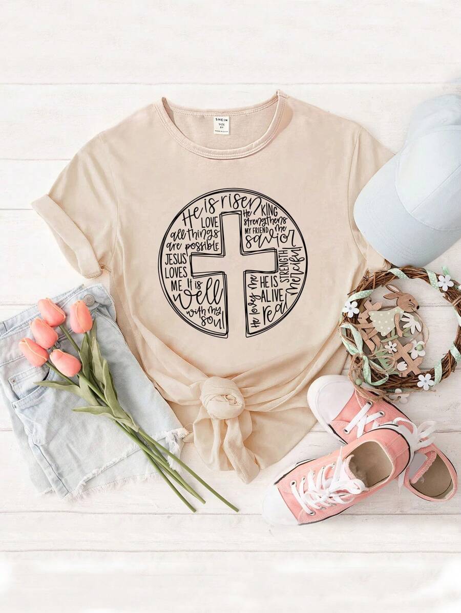 SHEIN Tween Girl Casual Letter & Cross Print Short Sleeve T-Shirt - Camel - View 1