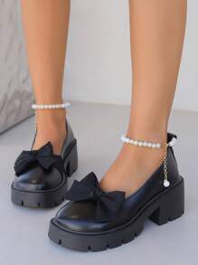 Zapatos de estilo Mary Jane para niñas con suela gruesa, llegada nueva de primavera, lazo con nudo y falso adorno de perla, mocasines de estilo dulce