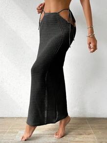 SHEIN Swim 女士纯色镂空腰带长款罩衫裙，适合度假、夏季海滩穿着 - 黑色 - 查看 5