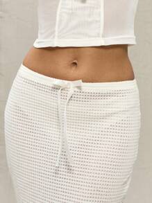 MUSERA Cream Textured Ribbon Detail Maxi Skirt Elegant Summer Sexy Party - White - View 5