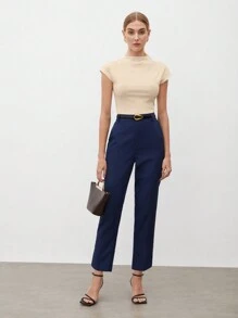 BizChic 杏色夏季時尚女款純色立領蝙蝠袖短袖T恤，商務休閒辦公穿搭，校園基礎上衣，復古風 - 杏色 - 查看 4