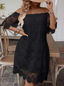 SHEIN Clasi Plus Size Solid Color Lace Off Shoulder Dress For Summer - Black - View 5