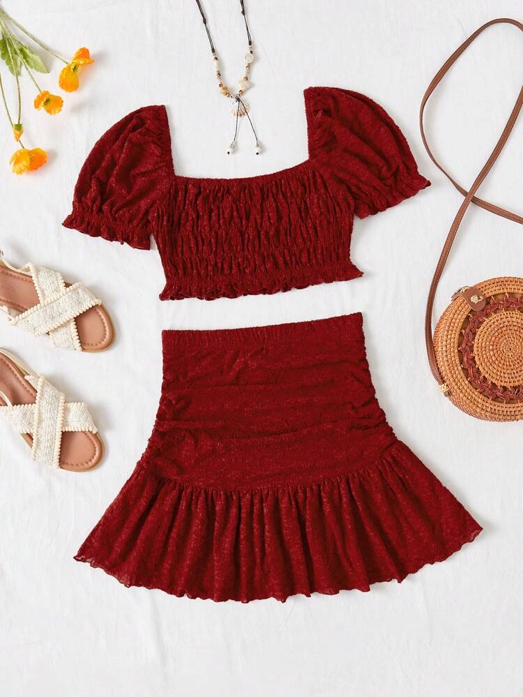 Women's Spring/Summer Casual Vacation Puff Sleeve Shirred Top And Skirt Set