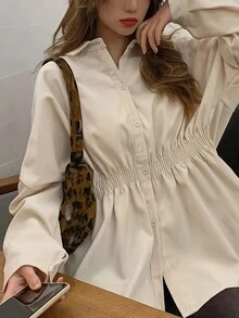 女士宽松蝙蝠袖纯色抽绳腰衬衫，春夏