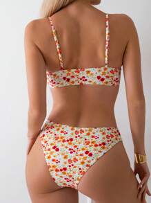 Swim Mod Women's Floral Print Lace Trim Bikini Set, Bikini Swimwear Bathing Suit Beach Outfit Summer Vacation,Summer Beach - Multicolor - View 2