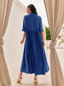 Mulvari Women's Floral Print Stand Collar Half Sleeve Ruffle Hem Dress - Royal Blue - View 2