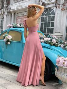 QOQ Sweet Elegant Pink One Shoulder Ruffle Slit Bridesmaid Gown Dresses Dresses - Pink - View 2