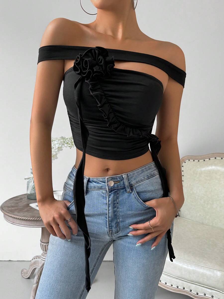 Zolique Của phụ nữ Xù Hoa Sen Hoa Áo ba lỗ Với Dây đai - màu đen - Xem 1